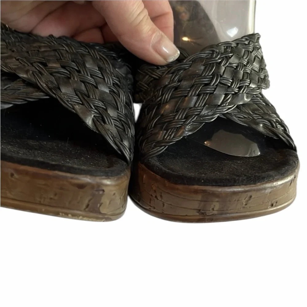 Bongo size 10 black braided leather open toe wedge faux cork heel